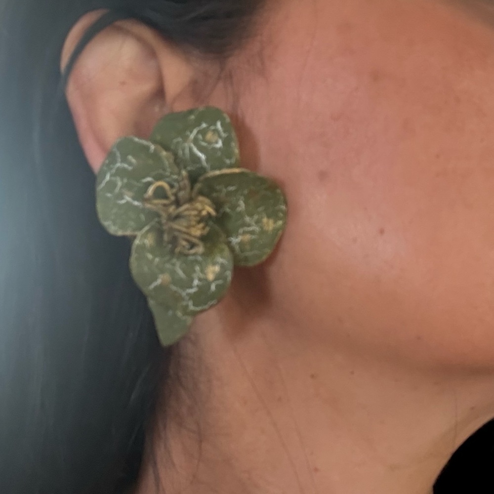 Vintage large Green Floral hand painted Statement Earrings - Women Jewelry